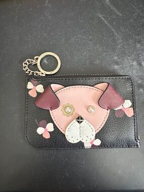Kate Spade ♠️ Cute Dog Face Leather Card Holder Keychain - Black & Pink